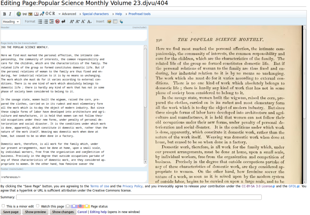 Wikisource editing interface showing a scanned page beside editable text for comparison.